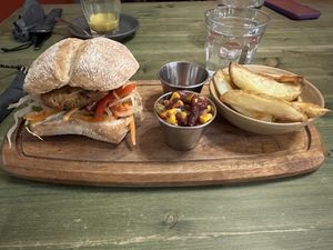Black bean sweet potato vegan burger with smoked sweetcorn salsa  at Rustic Cup in Whitley Bay
