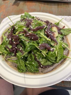 Peanut butter cream pancake with caramelised onions, spinach and apples 🤌  at Col Cavolo - Vegan Bistrot in Rome