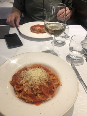 Amatriciana and lasagna  at La Soffitta Renovatio in Rome