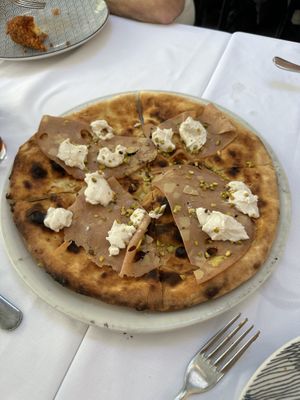Focaccia with vegan meat, vegan ricotta, and pistachios (insanely good)   at La Soffitta Renovatio in Rome