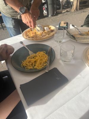 carbonara with GF pasta and pizza with smoked provoke cheese and bacon on GF crust at La Soffitta Renovatio in Rome