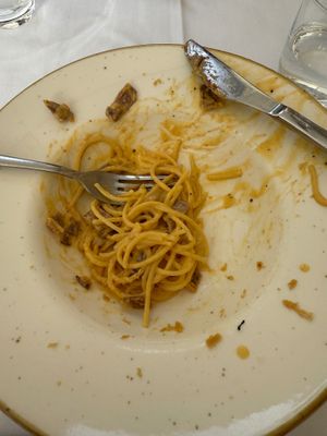 Carbonara with GF pasta at La Soffitta Renovatio in Rome