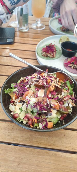 Vegan wellness salad with oyster mushrooms and sweet potatos insted of chicken and maple syrup instead of honey at Isola in Ayia Napa