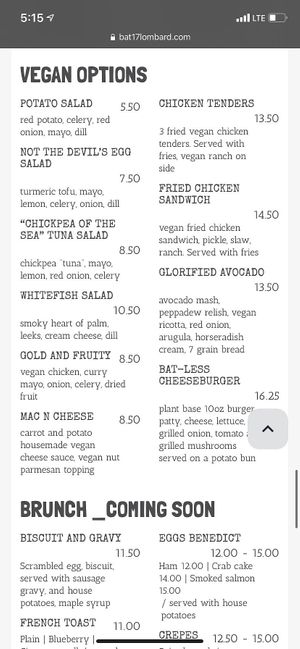 Menu at Bat 17 in Lombard