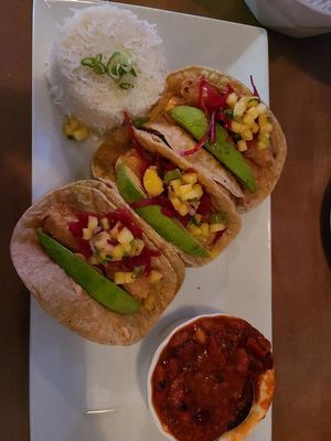 Vegan Fish Tacos with a side of rice and beans at Bat 17 in Lombard