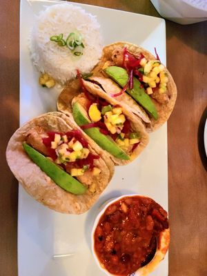 Vegan fish tacos with rice and beans at Bat 17 in Lombard