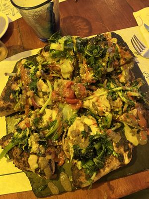 One of the gourmet vegan pizzas (each one is unique)   at Ciao Mare in Fuerteventura