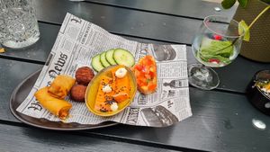 The starter of the high gin: Loempia, falafel, bruschetta and vegan salmon. at Beyond Lunchcafé & Patisserie in Nuenen