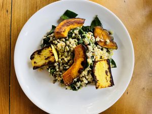 The vegan entree. Rice and green beans with yucca syrup and ‘Ora pro nobis’, sweet potato and butternut squash  at Aprazivel in Rio De Janeiro