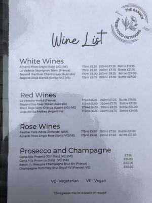 Wine list, with vegan wines labelled  at The Garden in Portsmouth