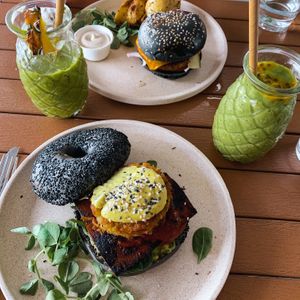 Brekky bagel and cheeseburger with green smoothies  at Nurcha Kawana in Birtinya