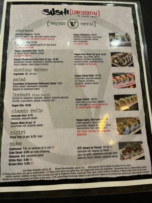 Vegan menu at Sushi Confidential in Campbell