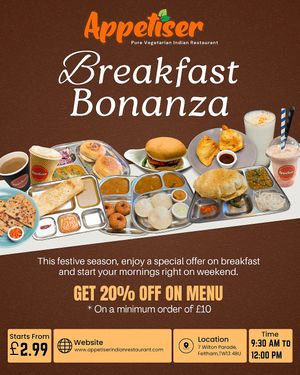 Hurry up! 🌞 Enjoy our Weekend Breakfast Bonanza with 20% OFF on your favourite dishes. Start your weekends right with delicious Indian flavours! 🍽️
 
#BreakfastBonanza #A at Appetiser in Feltham