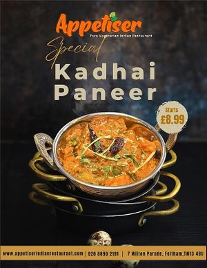 Taste the magic of spices in every bite! 😋
Our Special Kadhai Paneer is a perfect blend of rich flavours and creamy texture.
🔥 Starts at just £8.99!
 
#AppetiserRestaura at Appetiser in Feltham