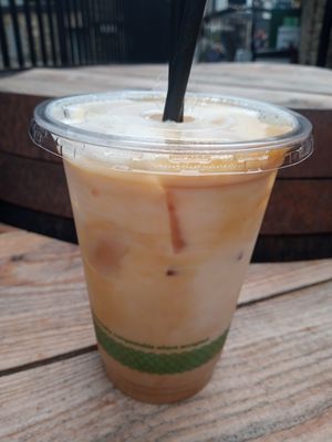 Iced caramel coffee with soya milk at Joey's Cafe in Kendal