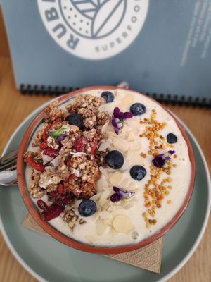 Yellow Submarine smoothie bowl! Mango and banana based, almond milk and homemade granola without sugar! at Rubik's in Thessaloniki
