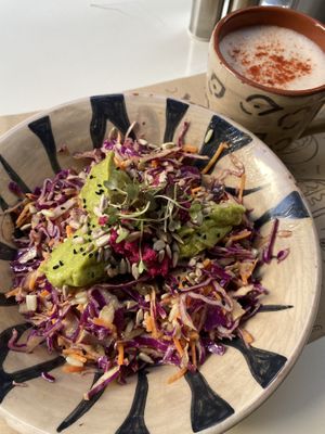 Protein Bowl and cacao carob latte  at Rubik's in Thessaloniki