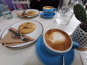 Healthy Nutella cookies and flat white with oat milk at Rubik's in Thessaloniki