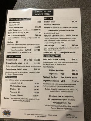 Menu at Gilgai Tavern in Kalbarri