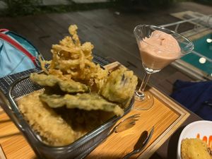 Leafy Tempura- perfectly crisp and fresh but served with dairy Mayonnaise. Make sure you skip the mayo when you order  at An Nhien Garden in Hue