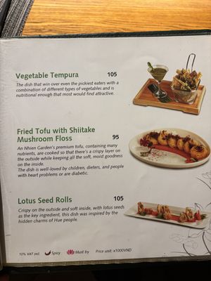 Menu  at An Nhien Garden in Hue