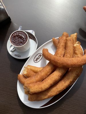 The churros here are already vegan and for the chocolate there are many options include one vegan. So good!  at Chocolatería Valor in Santa Pola