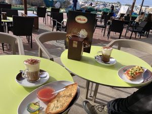 Cappuccino with soy milk and tostada   at Chocolatería Valor in Santa Pola