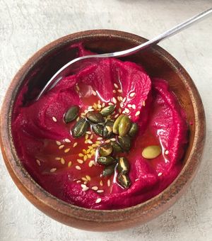 Beetroot tahini dip  at Alkalime in Abu Dhabi