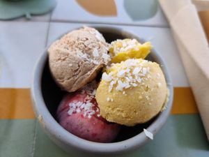 Vegan ice cream (mango, strawberry, dates and tahini, almond). Tasty except for mango at Alkalime in Abu Dhabi
