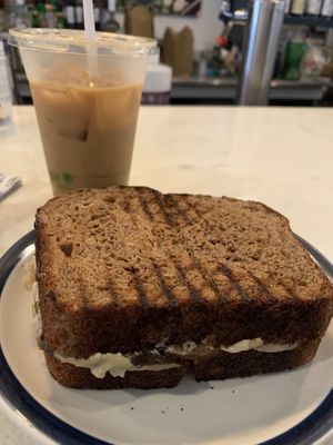 Iced vanilla latte with oat and a vegan fungui sandwich  at HiLo in Catskill