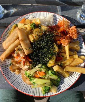 Steamed rice. Vegetable spring rolls, crispy seaweed, salt and pepper fries, mixed veg in curry sauce, duck in plum sauce, Kung Po tofu, sweet chilli chick’n, stir fried broccoli at Li's Chinese Takeaway in Poole