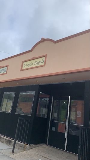 Storefront. They have a parking lot around back!  at Utopia Bagels in Queens
