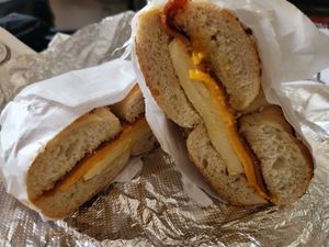 Vegan bacon egg & cheese at Utopia Bagels in Queens