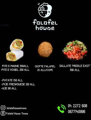 Our menu
With phone numbers 
Facebook 
Instagram 
And address  at Falafel House in Tirana