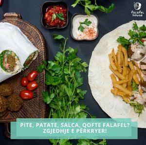 Our pita arabe with the salad and chips and Tahini sauce. at Falafel House in Tirana