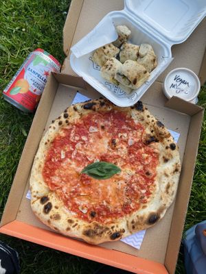 Luigi pizza with vegan mozzarella, dragon ballz with vg mozzarella and jalapeños  at Pizza Geeks in Edinburgh