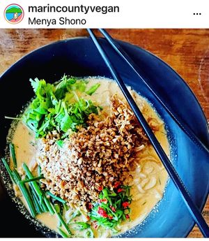  
Wheat Noodle, Soy Meat, Green Onion, Cilantro, Chive, Smoked Nuts, Enoki Chip, and Pickled Ginger at Menya Shono in San Rafael