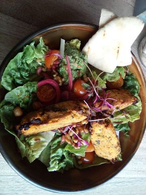 Sweet potato falafel, houmous, grains, maple syrup walnuts, pitta. A slightly lighter and probably healthier option, but still quite filling. at Perch on Lancing Beach in Lancing