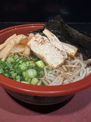 Vegan broth, spinach noodles, green onions, crispy onions, sea weed, bamboo shoots, bean sprouts, extra tofu  at Saku Ramen in Riverside