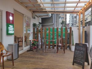 The outdoor area in the front of the shop at Vegan Gyoza Yu Cafe in Tokyo