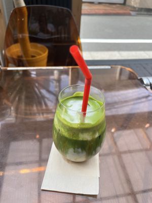 Iced matcha with almond milk   at Vegan Gyoza Yu Cafe in Tokyo
