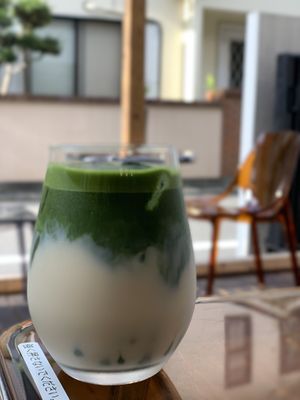 Iced Matcha Latte with oat milk  at Vegan Gyoza Yu Cafe in Tokyo