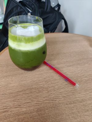 Iced matcha with cream at Vegan Gyoza Yu Cafe in Tokyo