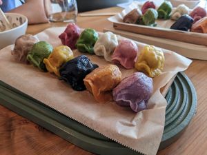 The set of all 11 different flavors at Vegan Gyoza Yu Cafe in Tokyo