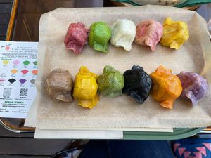 Pan-fried platter and flavor guide on side  at Vegan Gyoza Yu Cafe in Tokyo