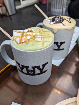 Matcha lattes. at Vegan Gyoza Yu Cafe in Tokyo