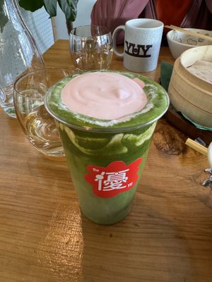 Strawberry Matcha Latte  at Vegan Gyoza Yu Cafe in Tokyo