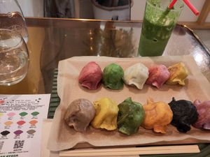 Pan fried gyoza set, strawberry matcha at Vegan Gyoza Yu Cafe in Tokyo