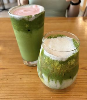 strawberry matcha & caramel matcha lattes  at Vegan Gyoza Yu Cafe in Tokyo