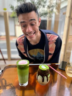 Strawberry matcha and chocolate matcha latte. The latter was great !  at Vegan Gyoza Yu Cafe in Tokyo